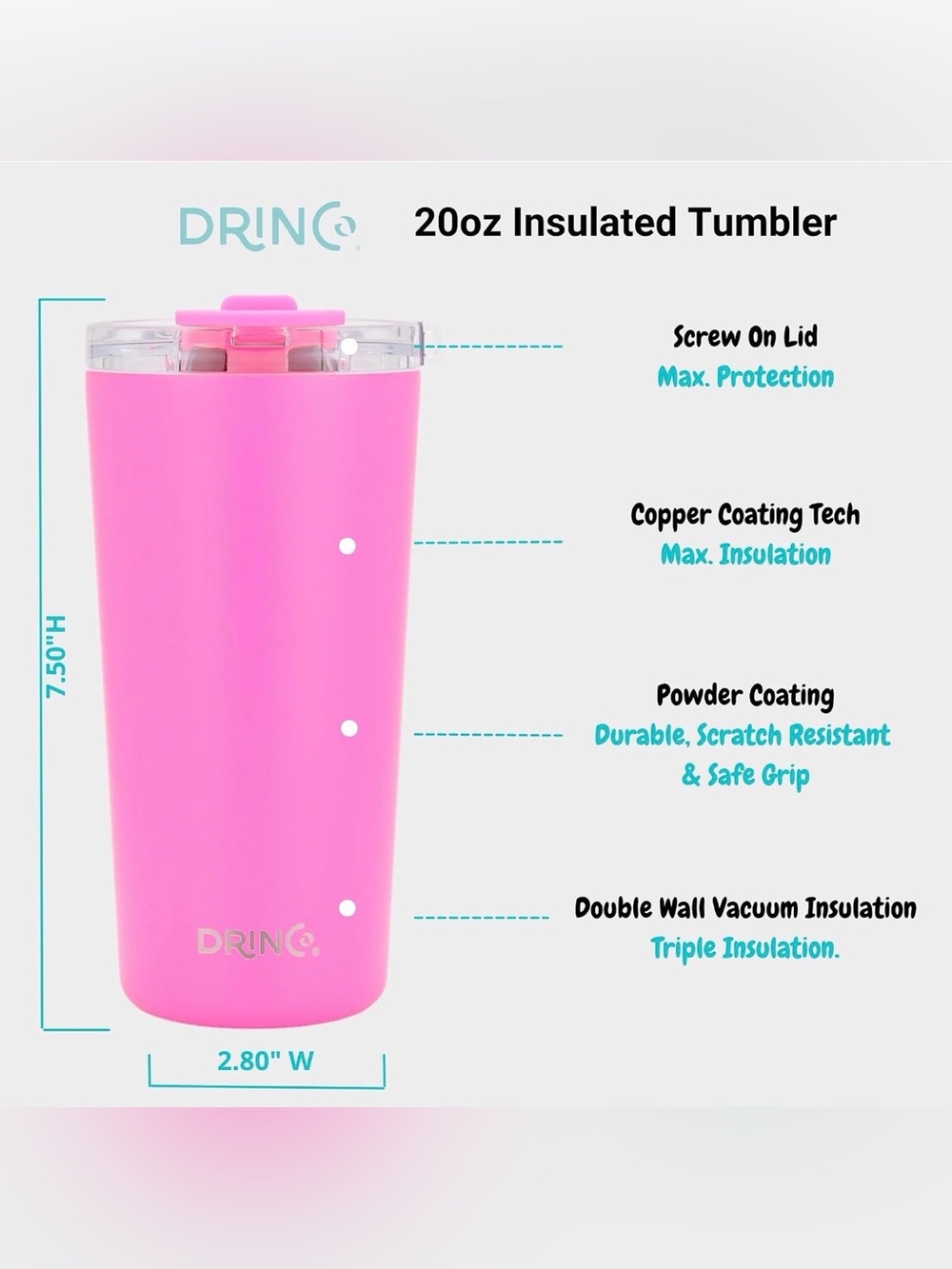 Drinco Islang Pink 20oz Insulated Tumbler with Clear Lid